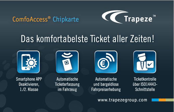 ComfoAccess®-Chipkarte – Trapeze lanciert die zukunftsweisende Ticketing-Lösung für den öffentlichen Verkehr – einsteigen und mitfahren, ohne sich um Tarife und Tickets zu kümmern. 